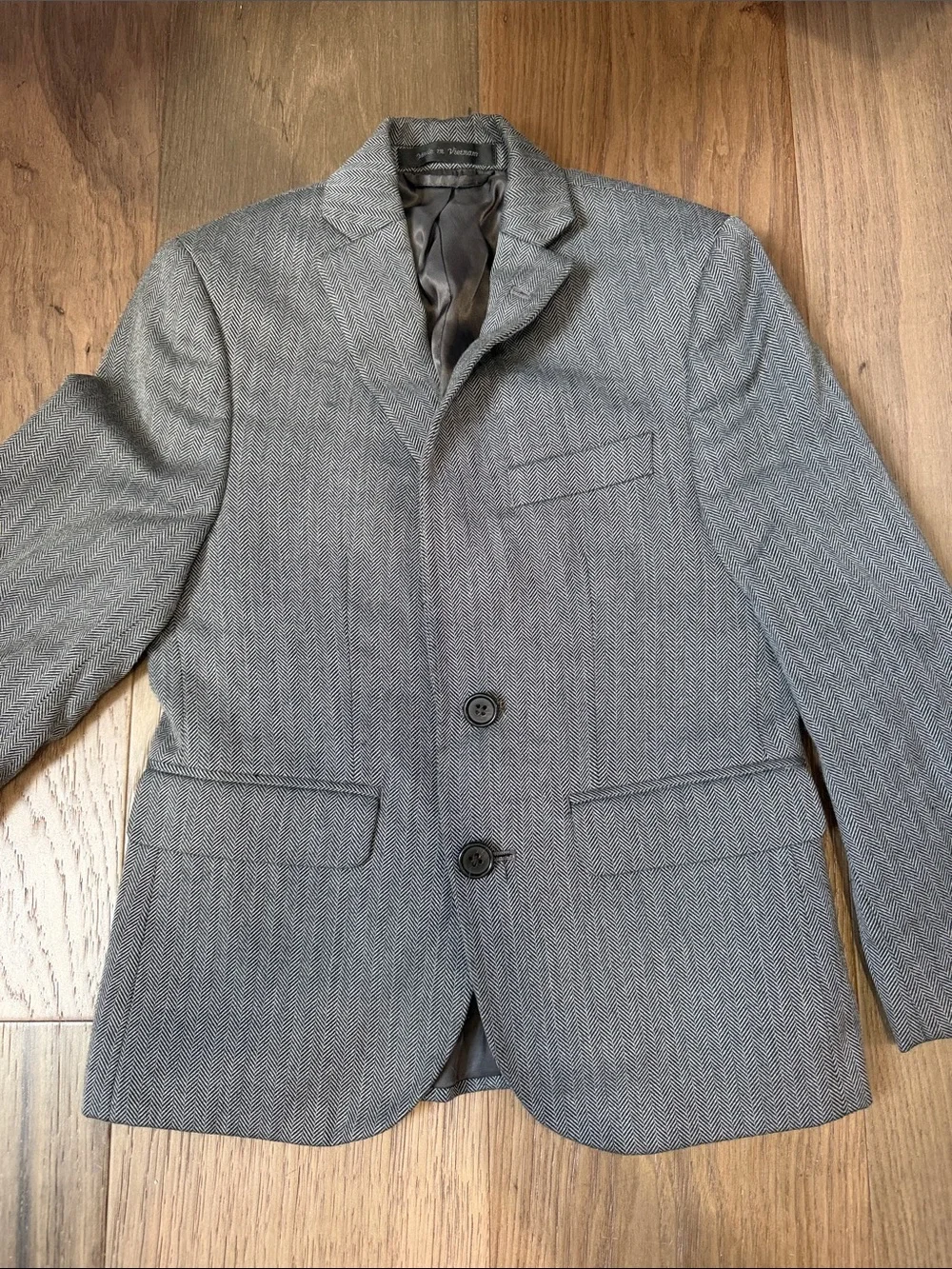 Gray Herringbone Blazer with Brown Elbow Patches
